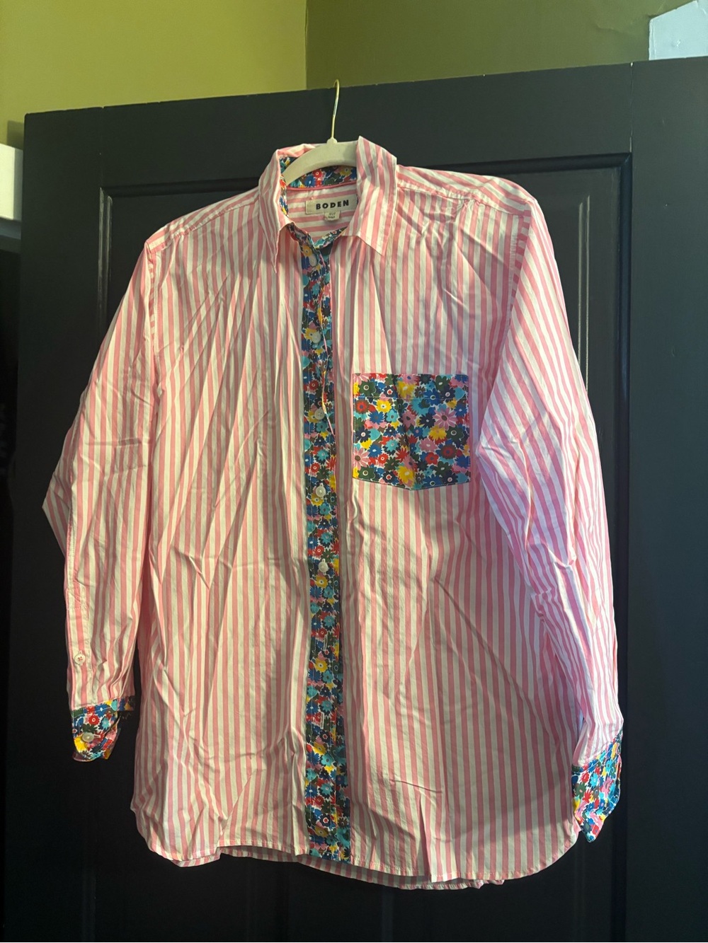 Boden Sadie Pink and White Striped Button-Up Blouse with Floral Trim